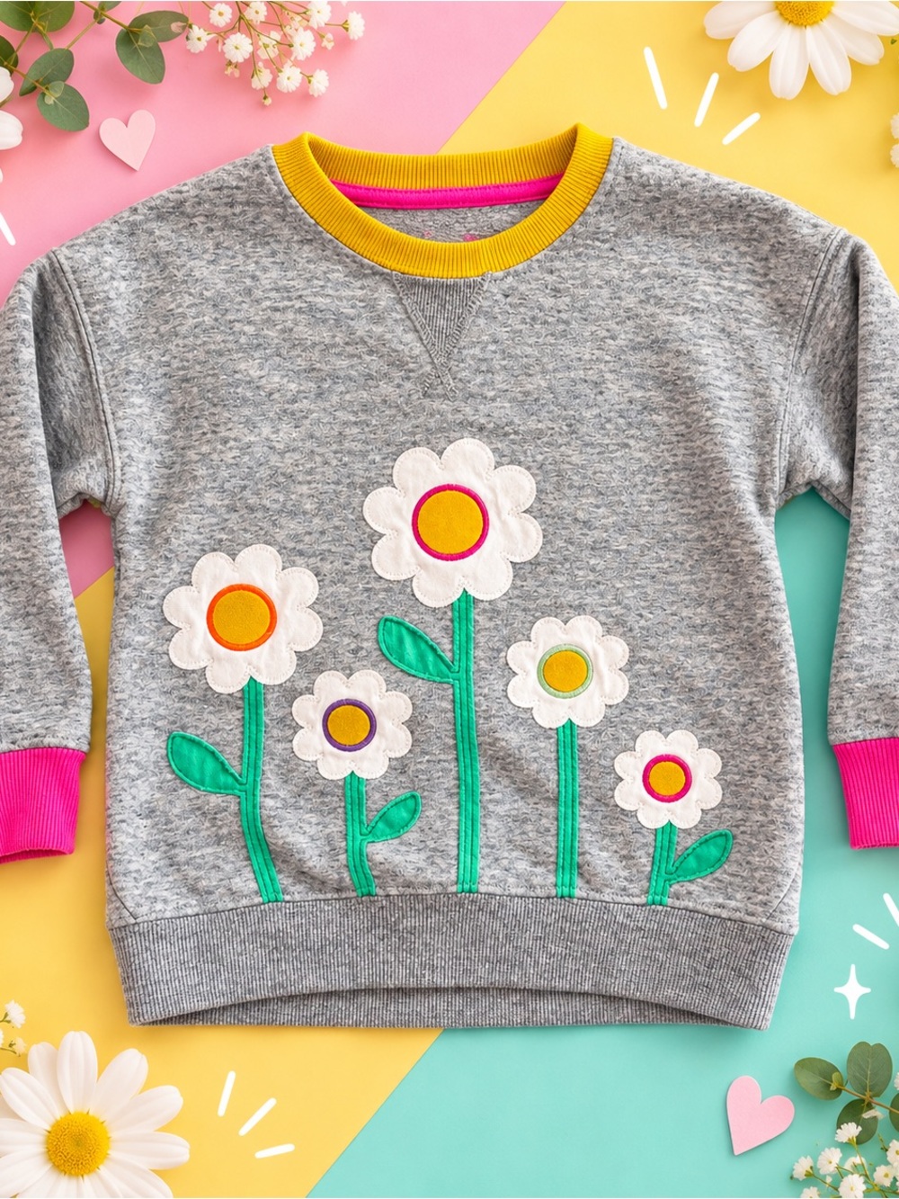 Mini Boden Girls 5-6Y Gray Floral Applique Sweatshirt Colorful Daisy Pullover